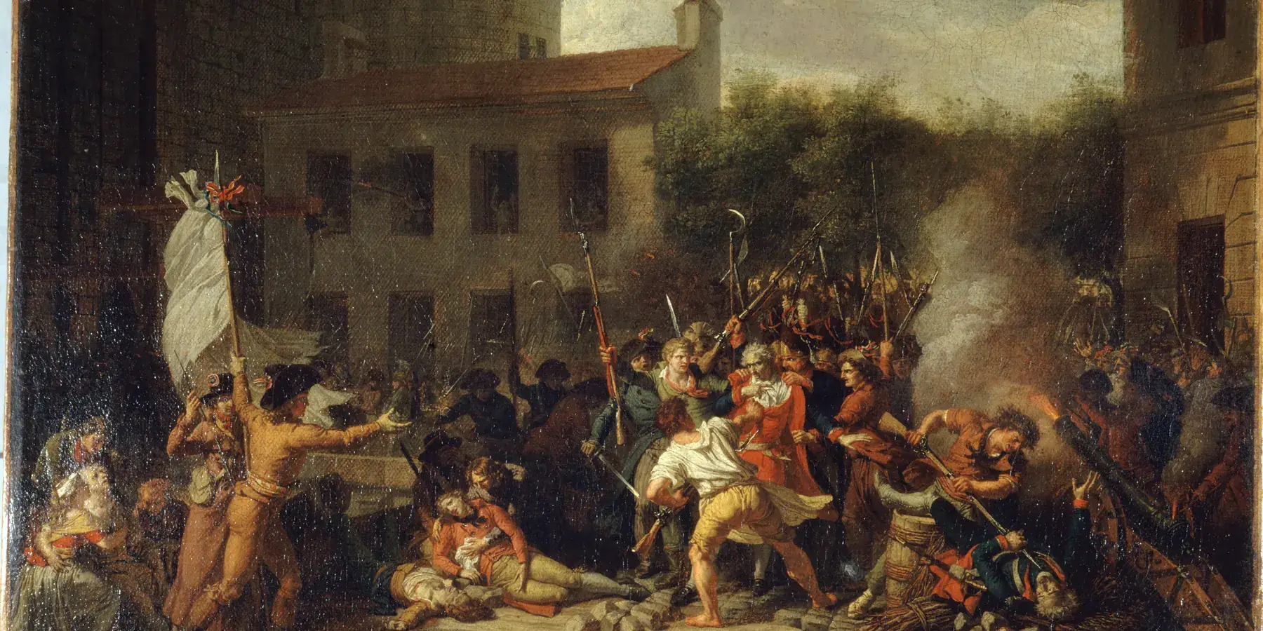 Charles Thévenin’s painting of the storming of the Bastille, with a crowd in front of the fortress