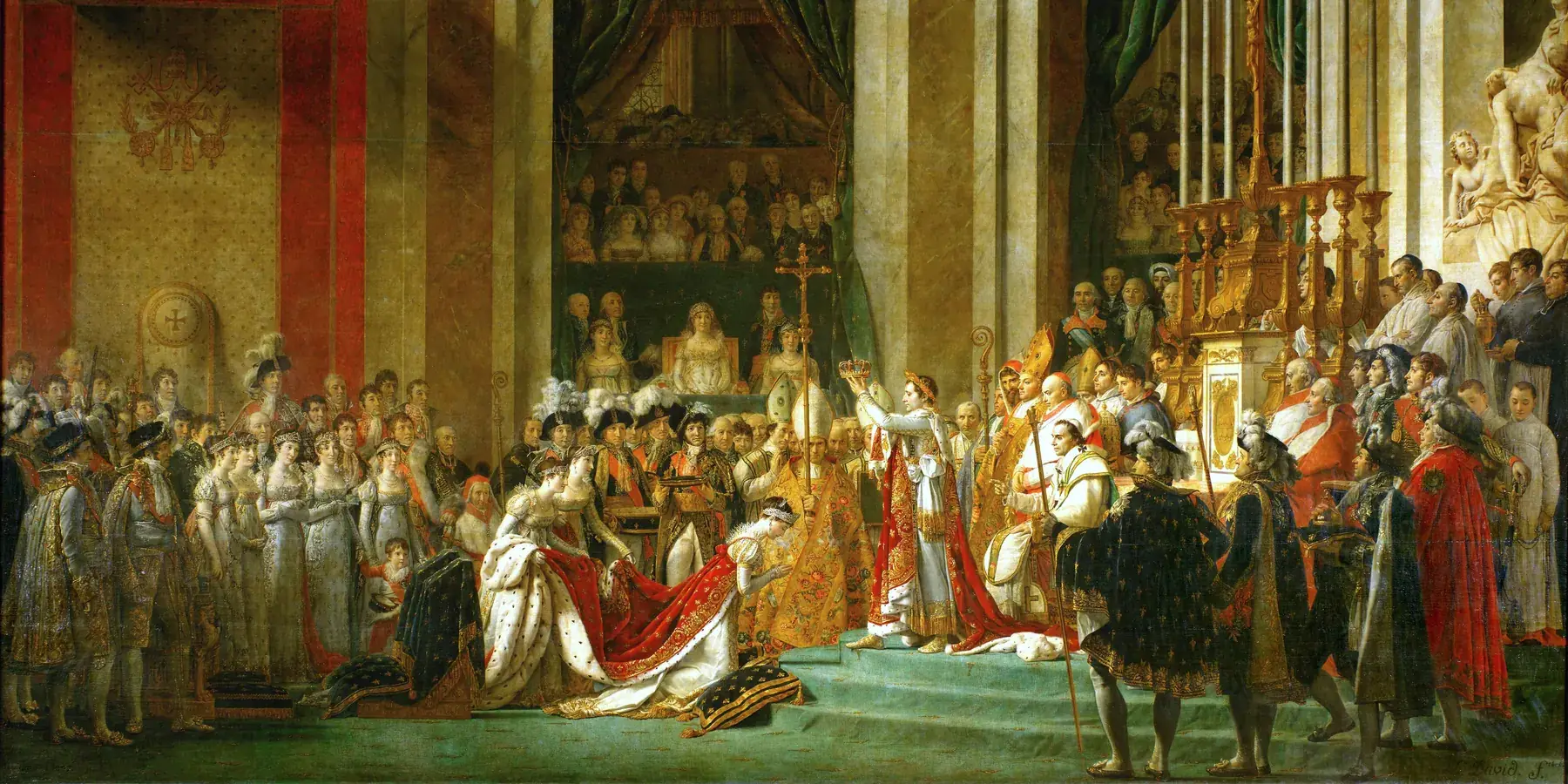 Napoleon raises a crown above the kneeling Joséphine, surrounded by richly dressed witnesses inside Notre-Dame Cathedral.