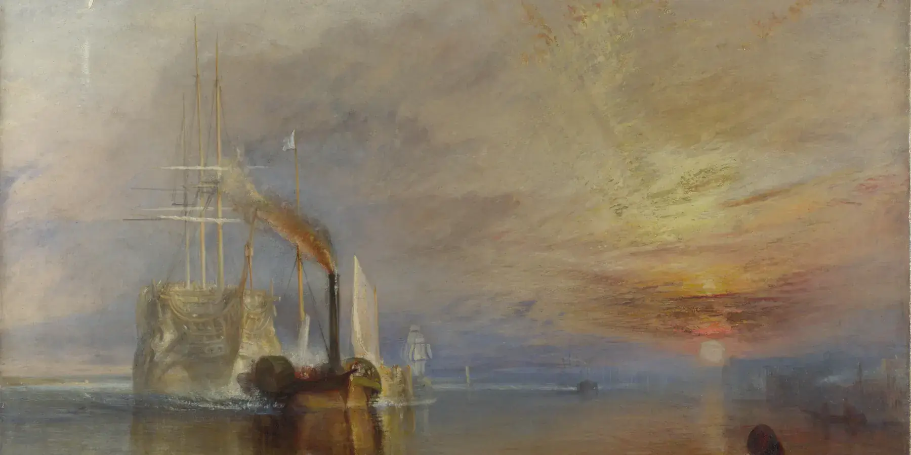 A steam tug pulls the pale, tall-masted warship Temeraire across the Thames beneath a glowing sunset.