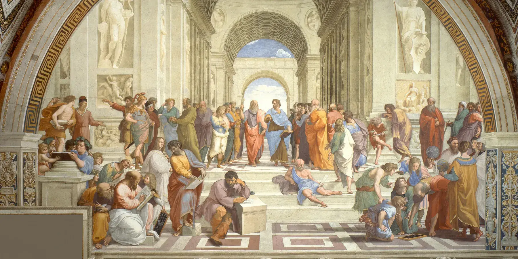 Raphael’s fresco shows Plato and Aristotle surrounded by ancient philosophers beneath grand Renaissance arches.