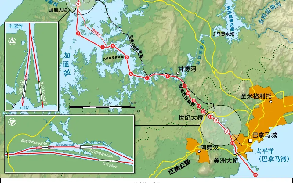 The Panama Canal uses locks to lift ships to a lake