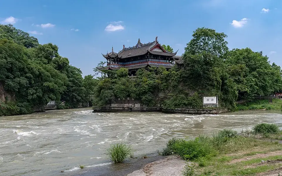 Dujiangyan manages a river by dividing water and removing silt