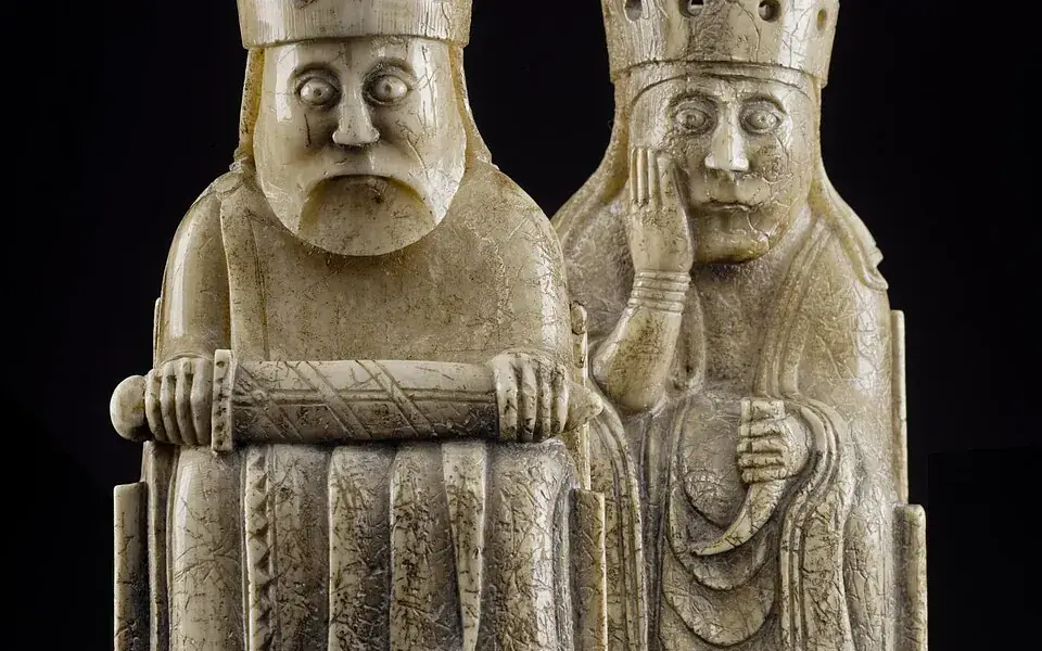 Ivory Lewis chessmen in the National Museum of Scotland.