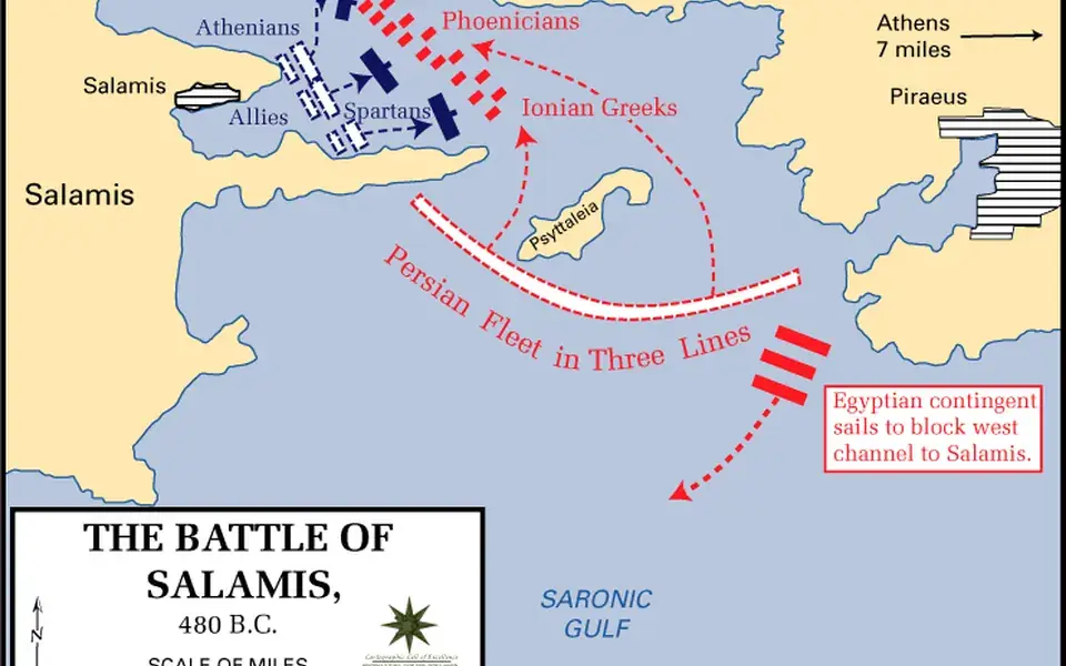 A map showing Persian and Greek movements toward Salamis in 480 BC.
