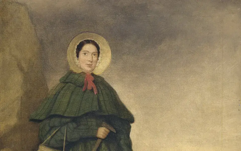 A painted portrait of fossil collector Mary Anning.