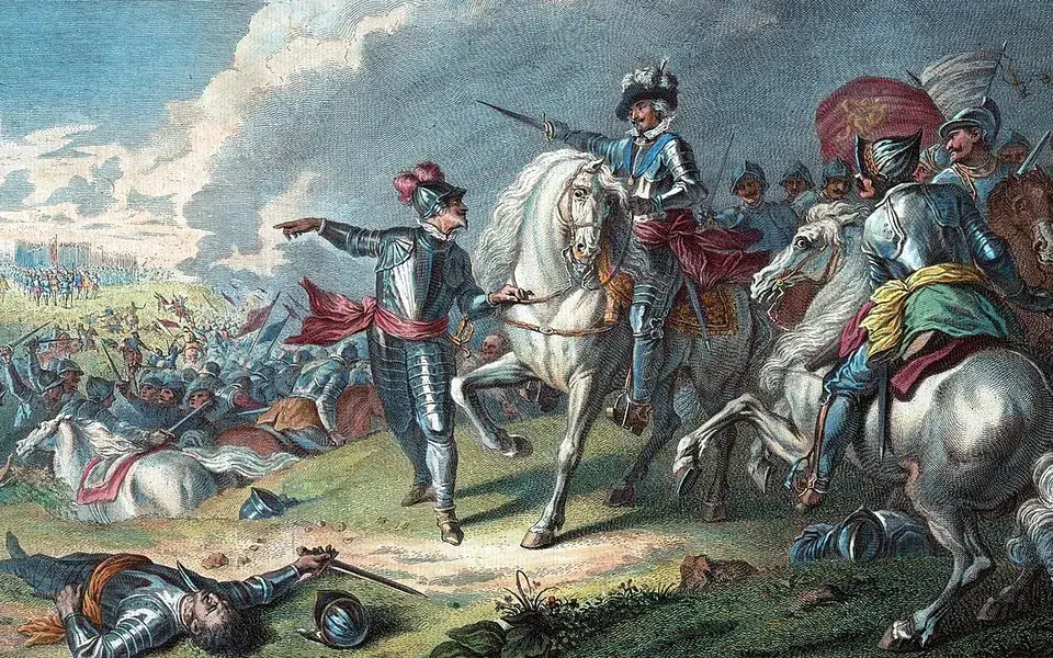 A colored engraving depicting the Battle of Naseby during the English Civil War.