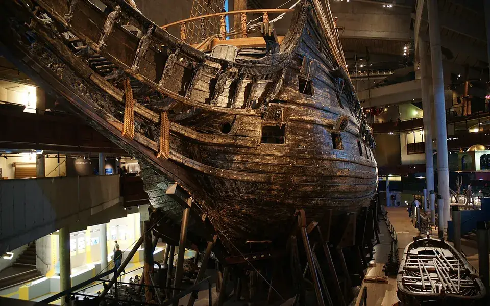 The preserved Swedish warship Vasa displayed in its museum.