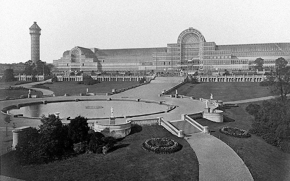 The relocated Crystal Palace at Sydenham in a historic photograph.