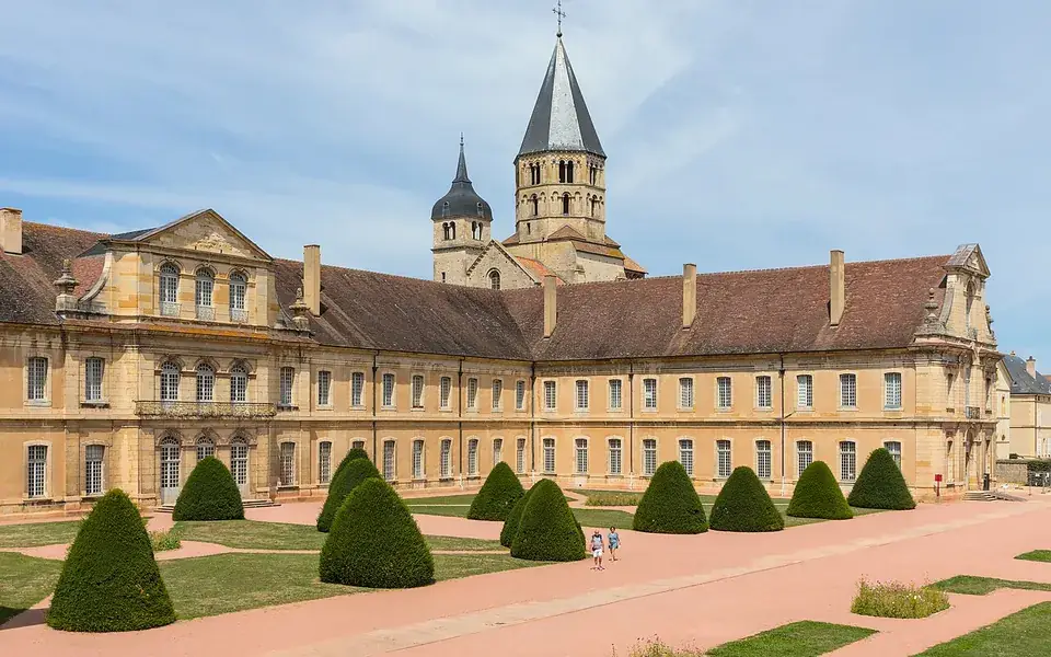 Abbey buildings and surviving church towers at Cluny.