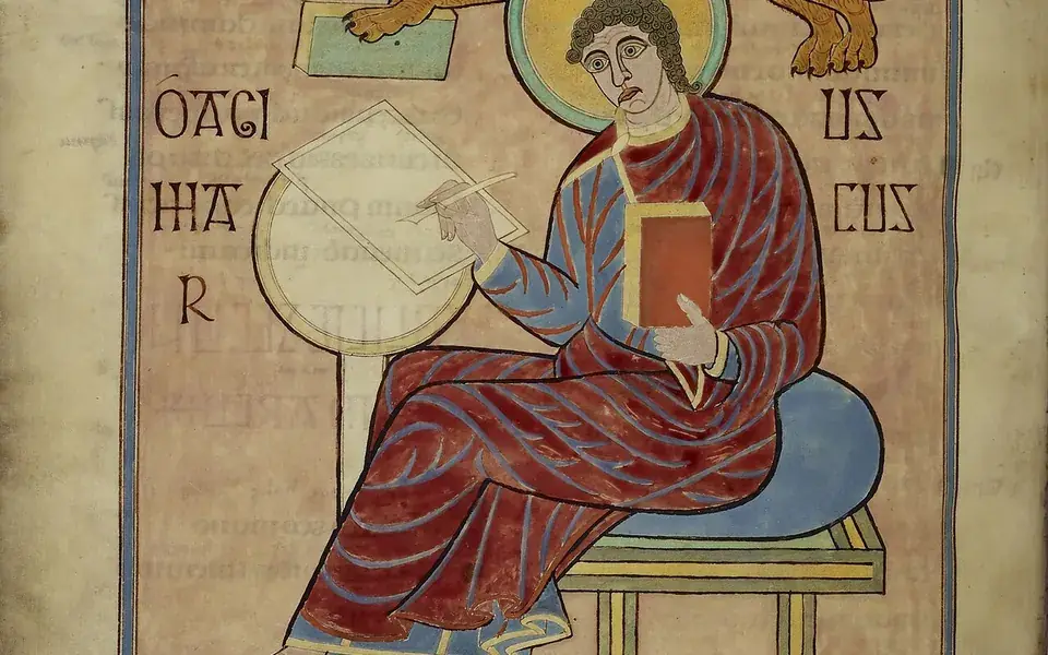 Saint Mark depicted on folio 93v of the Lindisfarne Gospels.