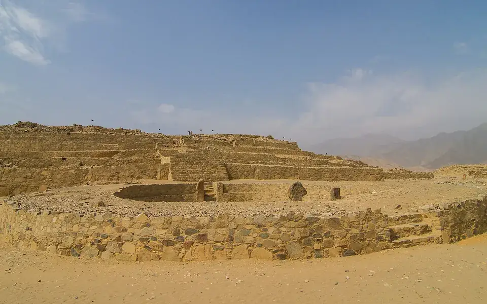 The main pyramid and circular enclosure at Caral, Peru