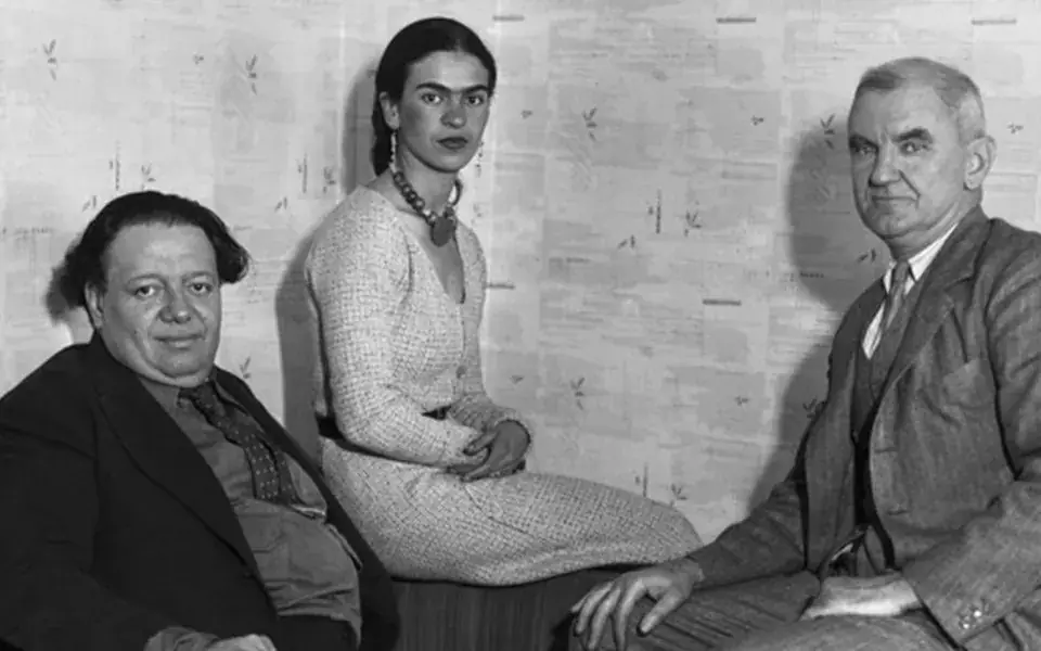 Diego Rivera, Frida Kahlo, and Anson Goodyear in a historical photograph