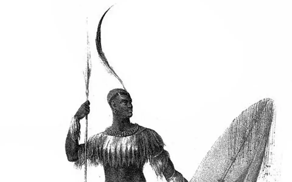 A historical illustration representing Shaka with spear and shield