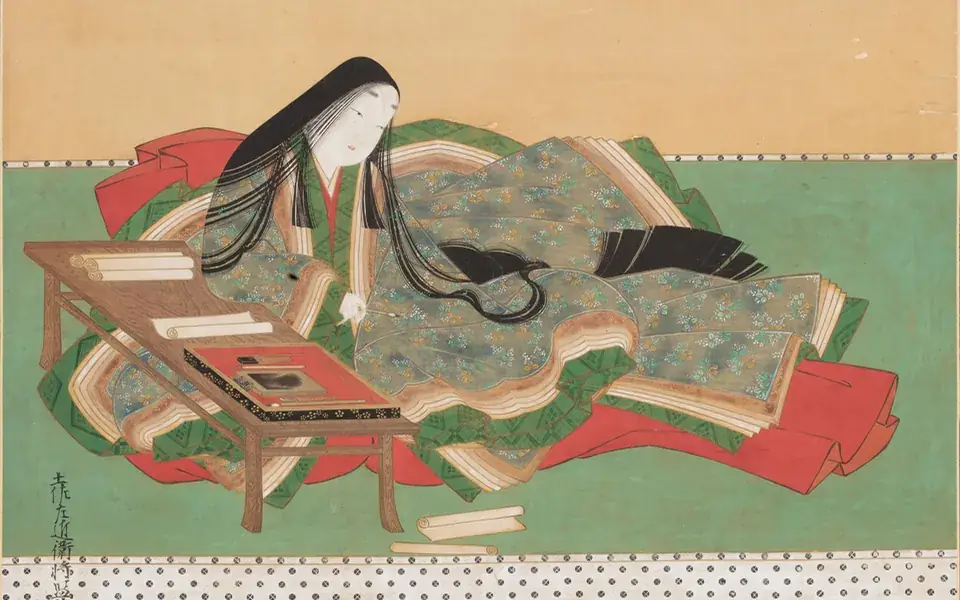 A historical illustration of Murasaki Shikibu composing The Tale of Genji