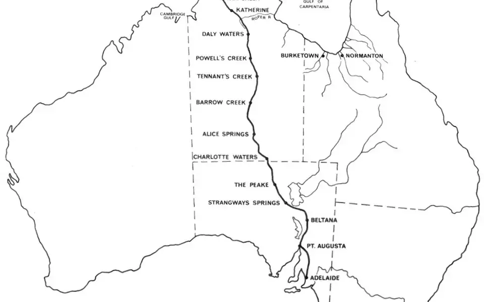 A historical map tracing Australia's Overland Telegraph Line