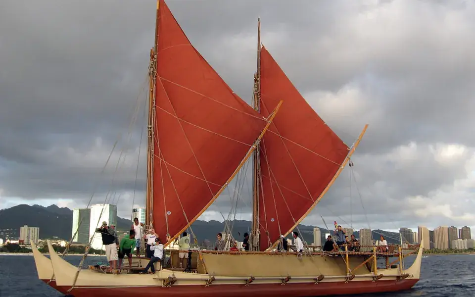 The reconstructed voyaging canoe Hōkūleʻa under sail