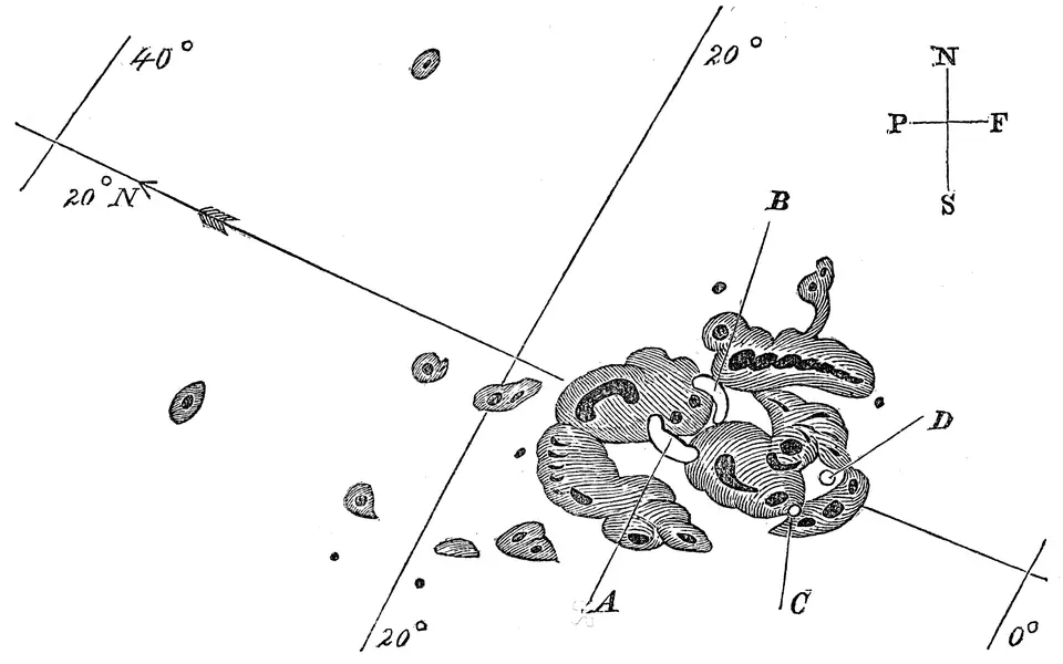 Richard Carrington’s drawing of the sunspot group and bright flare positions observed on September 1, 1859
