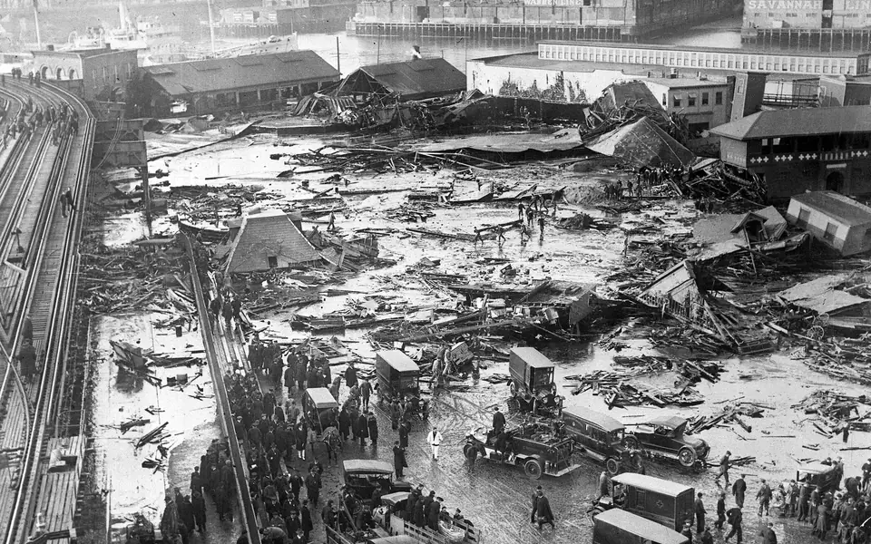 Panorama of the wreckage and damaged elevated railway after Boston’s molasses flood on January 15, 1919