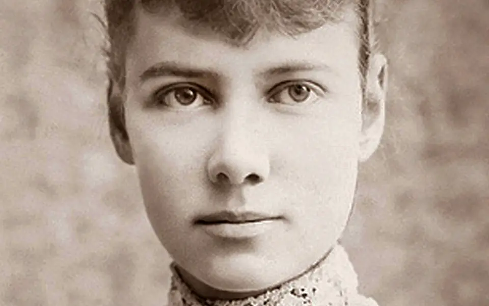 A close detail of a studio portrait of journalist Nellie Bly by H. J. Myers