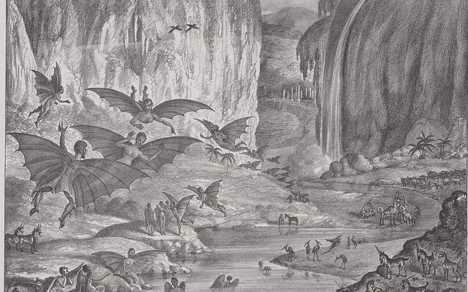 Detail of an 1835 Great Moon Hoax lithograph showing fictional winged beings and animals