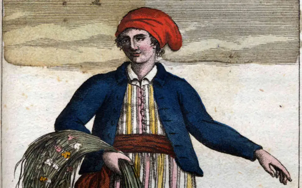 Upper portion of a historical engraving of Jeanne Baret in sailor’s clothing, attributed to Cristoforo Dall’Acqua