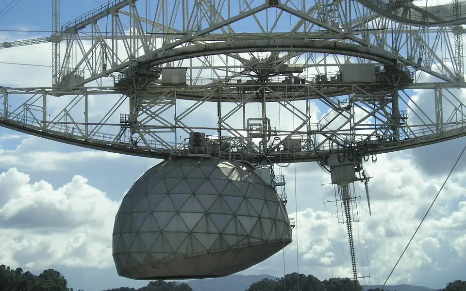 A later view of the suspended feed antenna and platform of the Arecibo radio telescope