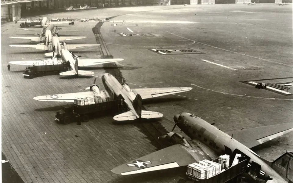 U.S. Air Force C-47 transports in an unloading line at Tempelhof during the Berlin Airlift, circa 1948–1949