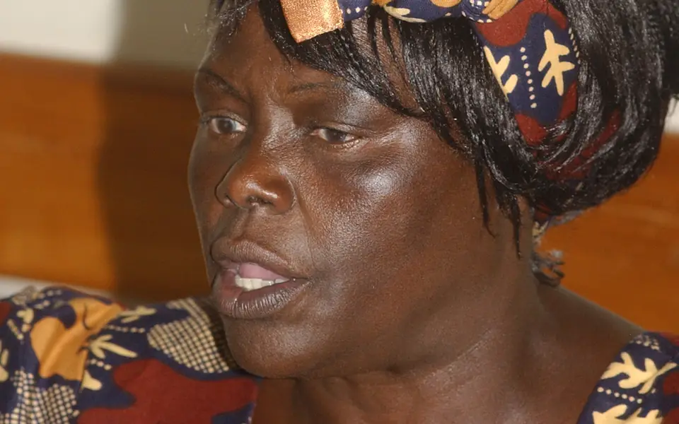 Wangari Maathai speaking during a conference interview in Salvador, Brazil, wearing a patterned headwrap