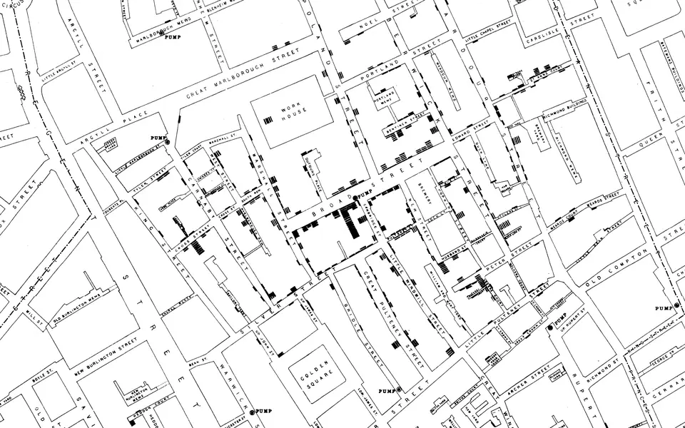 Detail of John Snow's map of deaths during the 1854 Soho cholera outbreak, published in his 1855 book