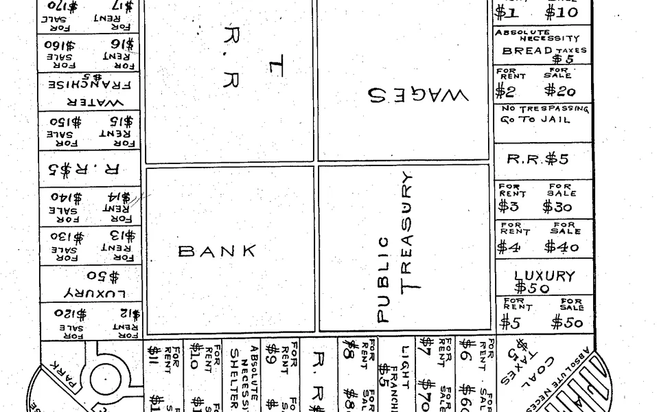 Cropped detail of the rents, utility spaces, bank and public treasury in Lizzie J. Magie’s January 5, 1904 patent drawing for The Landlord’s Game