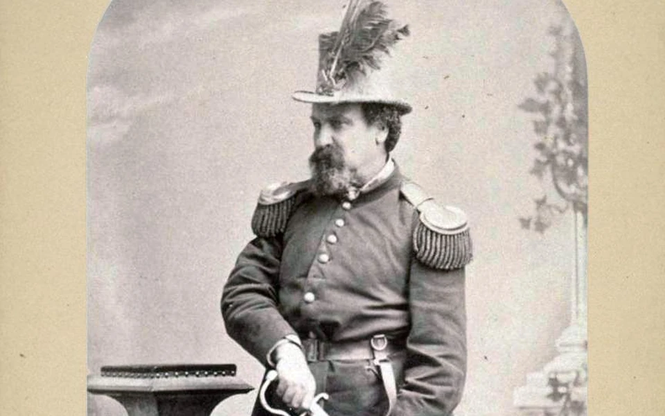 Cropped nineteenth-century studio portrait of Joshua Norton wearing his imperial uniform and plumed hat