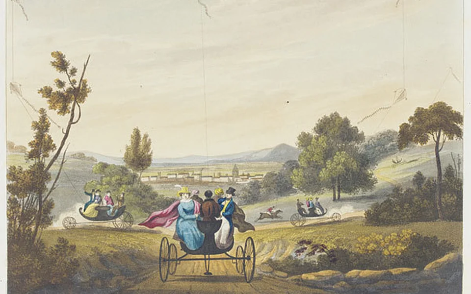 Detail of the carriages and trailing kite lines in the 1827 print Charvolants Travelling in Various Directions with the Same Wind