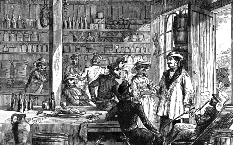 A cropped detail of the 1857 frontispiece to Mary Seacole’s memoir depicts customers and a well-stocked room at her British Hotel in the Crimea