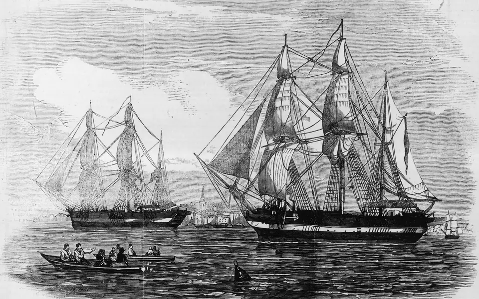 An engraving published in The Illustrated London News in May 1845 shows HMS Erebus and HMS Terror preparing for their Arctic expedition