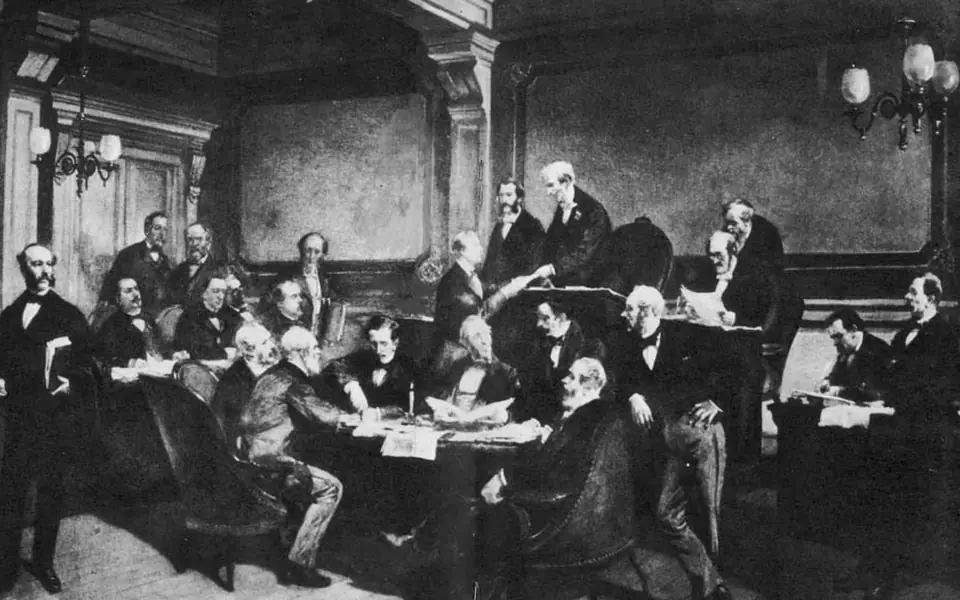 Historical painting of delegates gathered around tables at the signing of the first Geneva Convention in 1864
