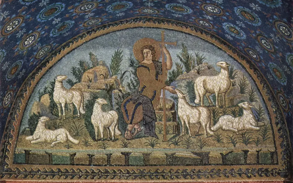 The fifth-century Good Shepherd mosaic in the Mausoleum of Galla Placidia in Ravenna, showing Christ with six sheep