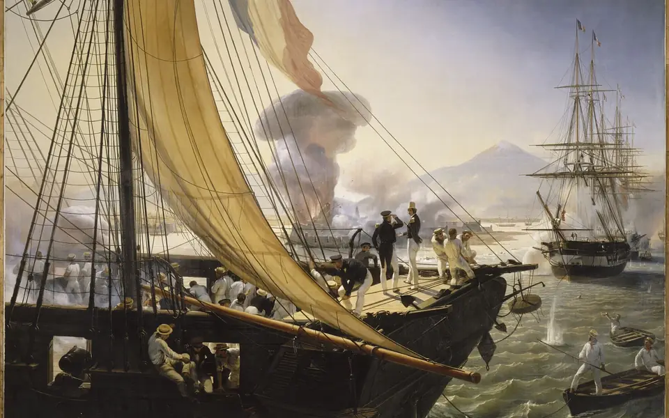 Horace Vernet's 1841 painting showing French officers aboard the Créole during the bombardment of San Juan de Ulúa in 1838